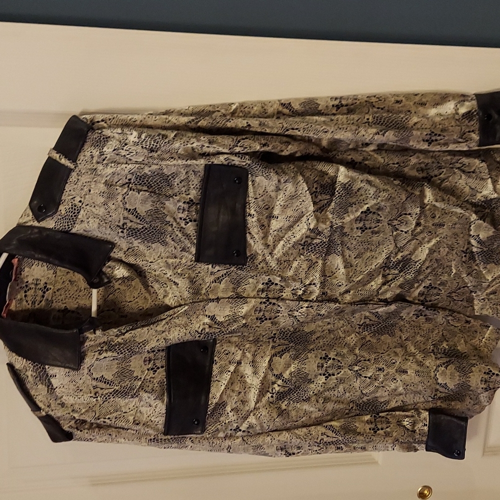 Vintage La Rue des Reves Soho Silk Button Down Blouse Faux Leather Trim